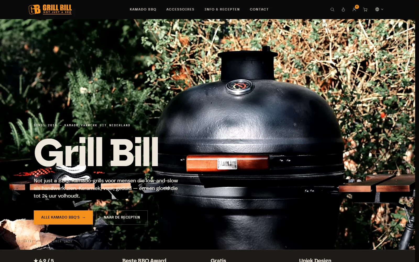 Grillbill storefront: kamado hero with the campaign headline