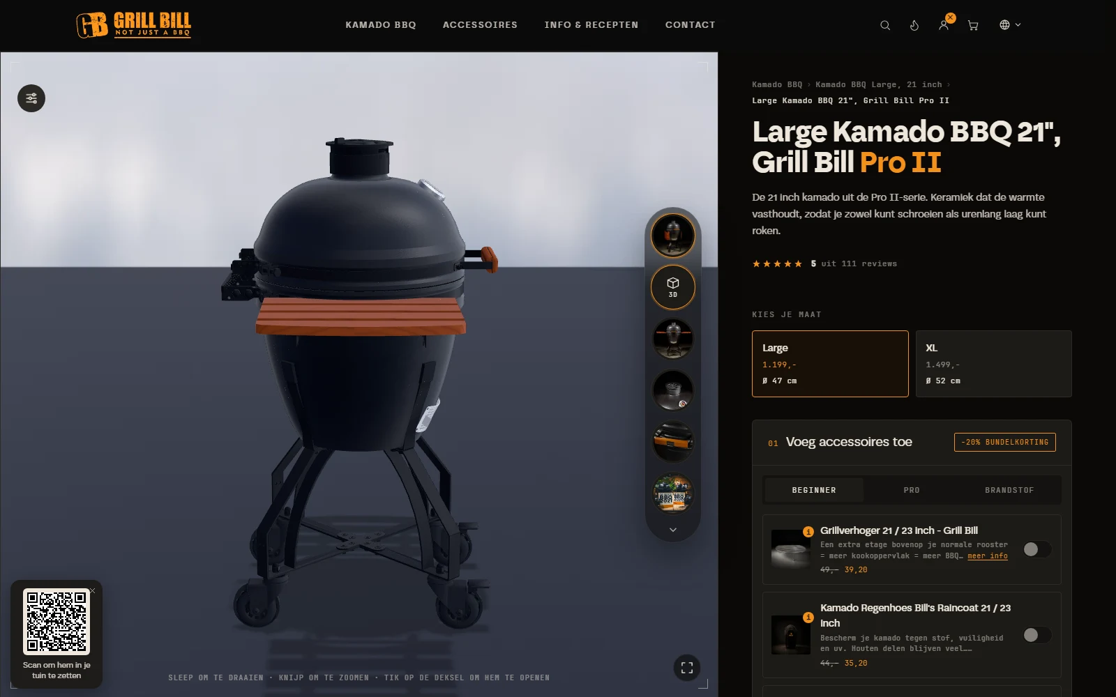 Grillbill product page with the Pro II kamado in the 3D viewer and a QR code to place it in your garden with AR
